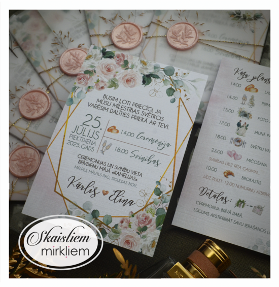 Kāzu ielūgums pauspapīra kabatiņā "Ziedu stāsts"