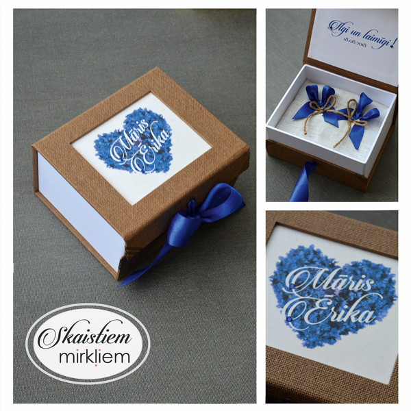 Brūna gredzenu kastīte ar rudzupuķu sirds motīvu un pāra vārdiem