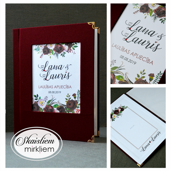 Laulības apliecības vāki bordo tonī ar tumšiem ziediem un personalizāciju "Lana un Lauris"