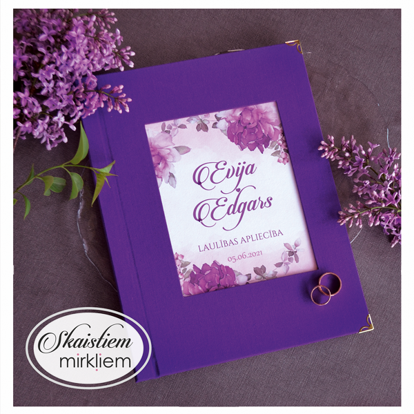 Tumši violetas krāsas laulības apliecības vāki ar ziediem "Evija un Edgars"