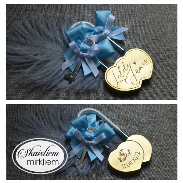 Sirds formas kāzu slēdzene "Lidija un Jānis" ar gaiši zilu satīna lenti