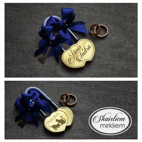 Zelta kāzu slēdzene ar gravējumu "Jānis un Indra un kaķu simboliku" ar zilu satīna lenti