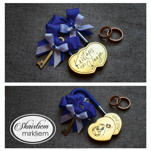 Gravēta sirds formas slēdzene "Kristaps un Darja ar rudzupuķēm" un zilām lentītēm