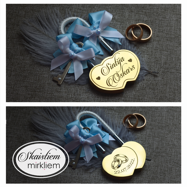 Zelta kāzu slēdzene ar gravējumu "Sintija un Oskars" un gaiši zilu lentīti