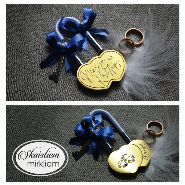 Gravēta sirds formas slēdzene "Nensija un Kristaps" ar bezgalības zīmes simbolu 