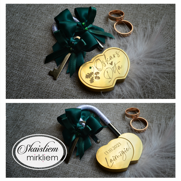 Gravēta kāzu slēdzene "Oskars un Dita" ar ozolzariņu un zaļām lentītēm