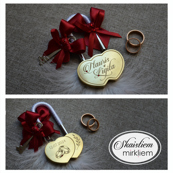 Gravēta sirds formas slēdzene "Nauris un Ligita" ar savītu gredzenu simbolu
