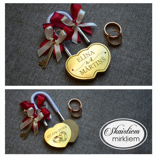 Zelta kāzu slēdzene ar gravējumu "Elīna un Mārtiņš", savītu gredzenu simbolu un lentītēm