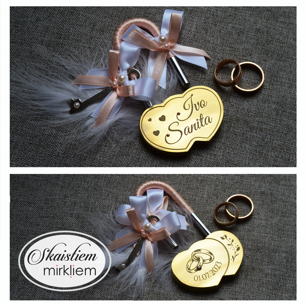 Kāzu slēdzene ar gravējumu "Ivo un Sanita" un persika toņa lentītēm/pērlītēm