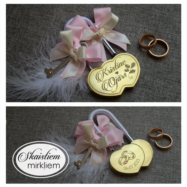 Personalizēta sirds slēdzene "Kristīne un Ojārs ar ozolzariņu" un rozā lentītēm