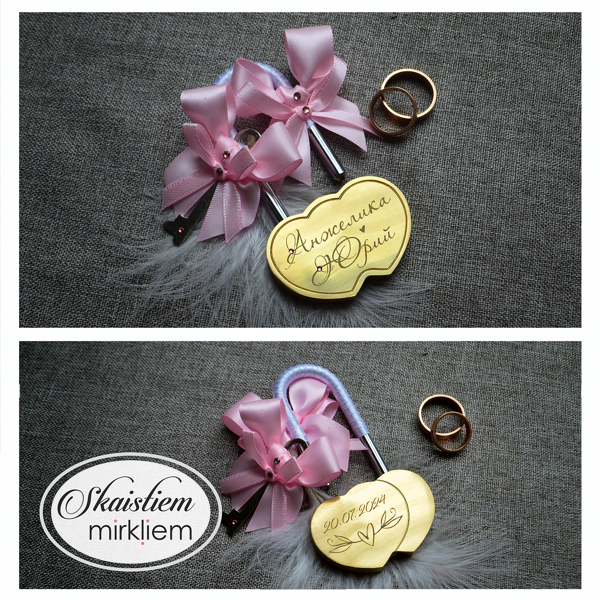 Kāzu slēdzene ar gravējumu un maigi rozā satīna lentītēm