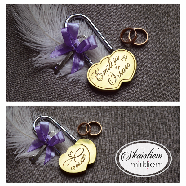 Kāzu slēdzene ar gravējumu "Emīlija un Oskars", bezgalības zīmi un gaiši violetu dekoru