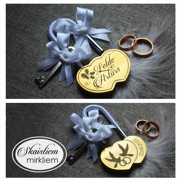 Personalizēta sirds slēdzene "Lelde un Artūrs" ar dūju un ozolzara simbolu un baltu lenti