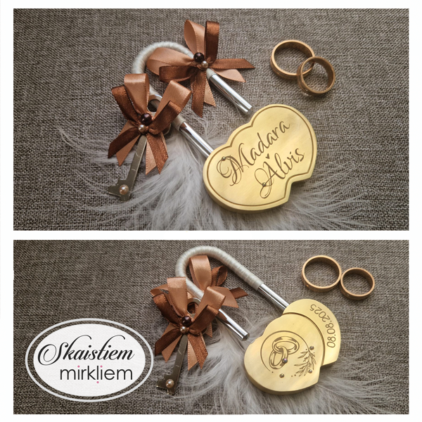Sirds formas slēdzene ar gravējumu "Madara un Alvis" un brūnā toņa satīna lentītēm