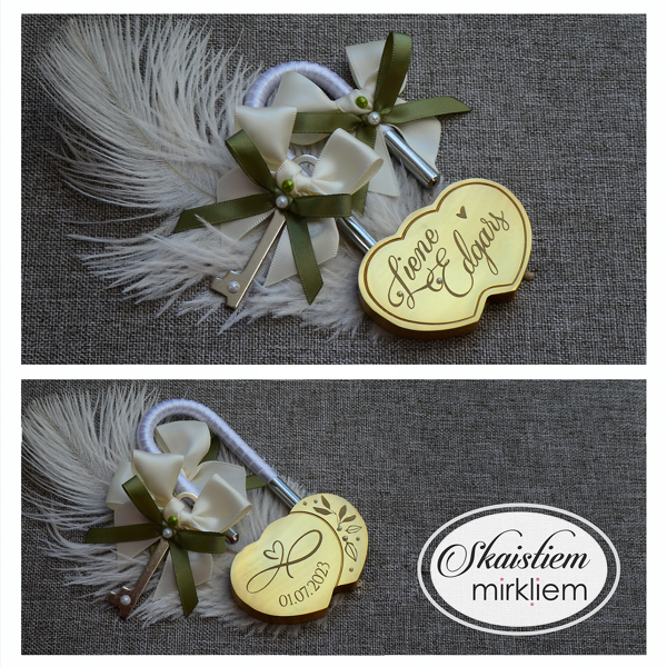 Kāzu slēdzene ar gravējumu "Liene un Edgars" un šampanieša, eikalipta lentītēm