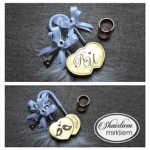 Kāzu slēdzene ar iniciāļiem "R un L", putniņiem  un baltu satīna lentīti