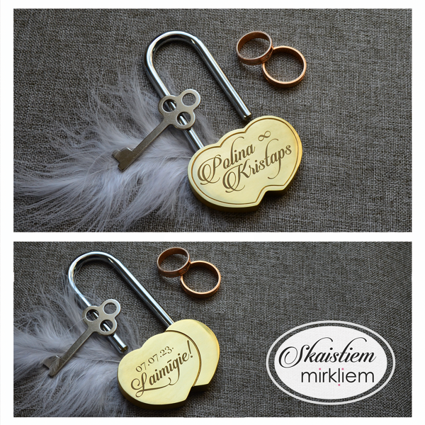 Kāzu slēdzenes gravējums ar vārdiem un uzrakstu Laimīgie!