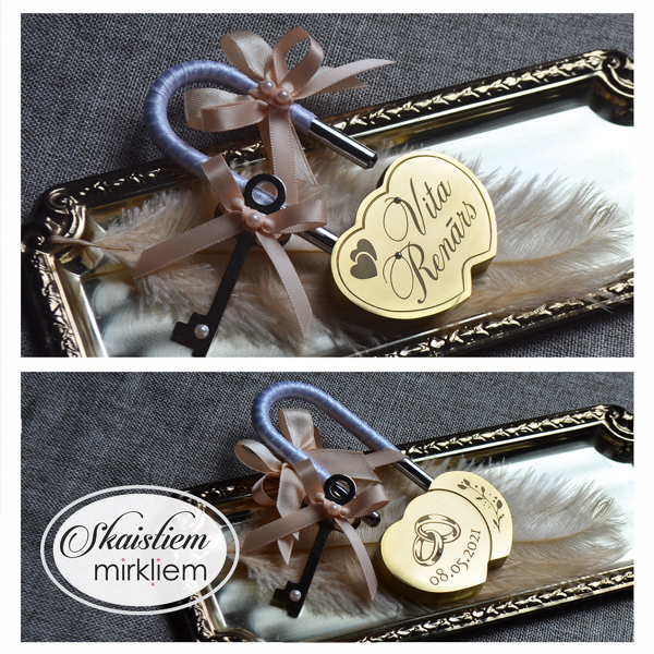 Personalizēta sirds slēdzene "Vita un Renārs" ar divu savītu gredzenu simbolu un lentēm