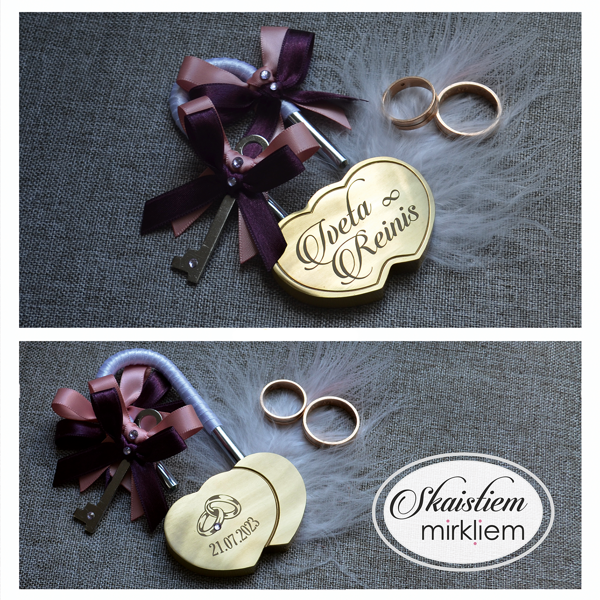 Kāzu slēdzene ar gravējumu "Iveta un Reinis", bezgalības zīmes simbolu un lentītēm