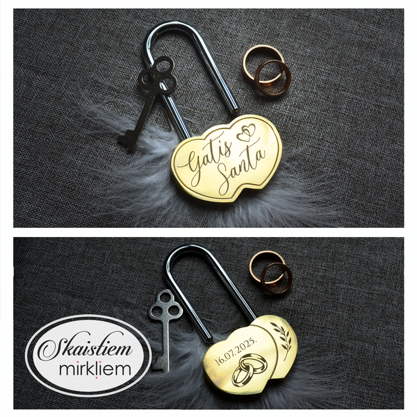 Personalizēta zelta slēdzene Gatis un Santa ar smalku sirds motīvu, datumu, gredzeniem
