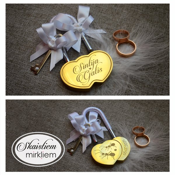 Kāzu slēdzene ar gravējumu "Sintija un Gatis" un skudriņām ar baltām lentītēm