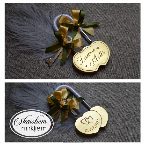 Personalizēta sirds slēdzene "Laura un Artis" ar sirsniņas simbolu, datumu un lentītēm