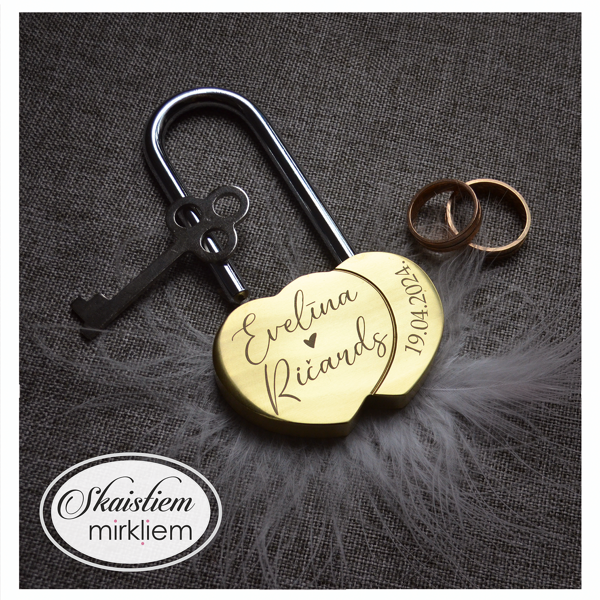 Zelta kāzu slēdzene Evelīna un Ričards ar elegantu gravējumu un datumu