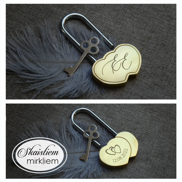 Zelta kāzu slēdzene ar savītiem iniciāļiem E un E, datumu un sirsniņām