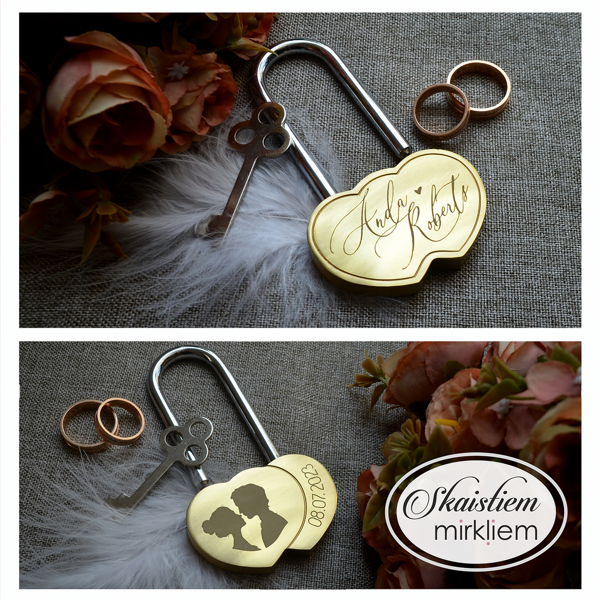 Kāzu slēdzenes gravējums ar kaligrāfiskiem vārdiem, datumu un siluetiem