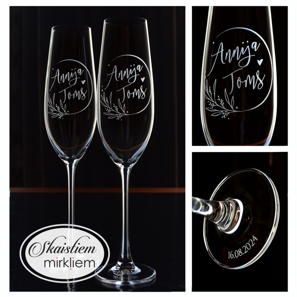 Personalizētas glāzes Annijai un Tomam ar minimālistisku lapu motīvu un datumu uz pamatnes