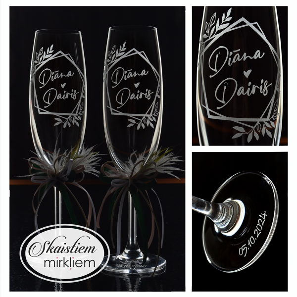 Personalizētas glāzes Diānai un Dairim, kur vārdi ietverti ģeometriskā rāmī ar lapiņām