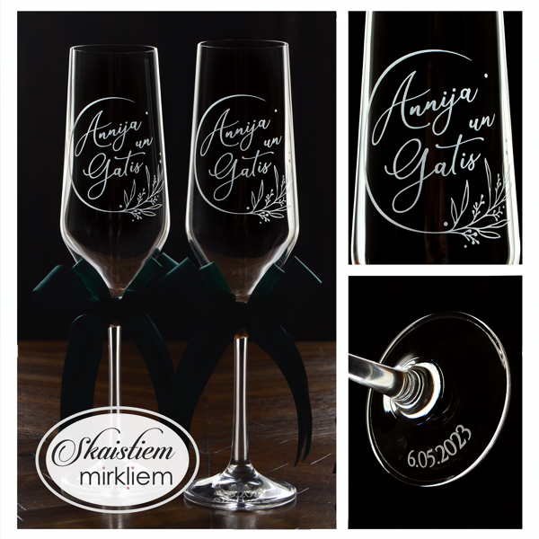 Personalizētas glāzes Annijai un Gatim ar lapu vainaga motīvu un tumši zaļām lentēm