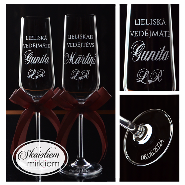 Glāzes "Lieliskā vedējmāte Gunita" un "Lieliskais vedējtēvs Mārtiņš" ar rozā lentēm