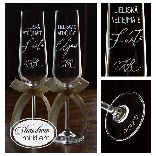 Glāzes "Lieliskā vedējmāte Santa" un "Lieliskais vedējtēvs Edgars" ar iniciāļiem