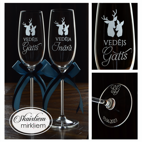 Īpašas vedēju glāzes ar briežu siluetiem Gatim un Inārai un zilām lentēm