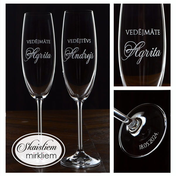 Kāzu glāzes vedējiem Agritai un Andrejam ar kaligrāfisku vārdu gravējumu