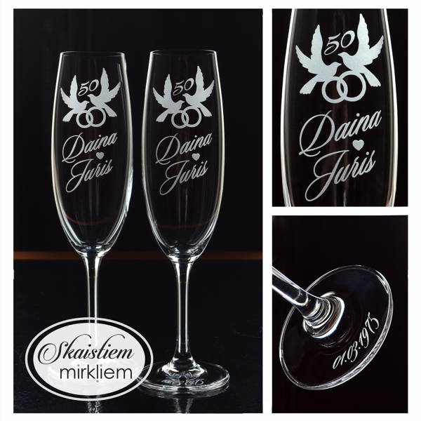 Zelta kāzu gadadienas dāvana – personalizētas glāzes ar dūjām un vārdiem Daina un Juris