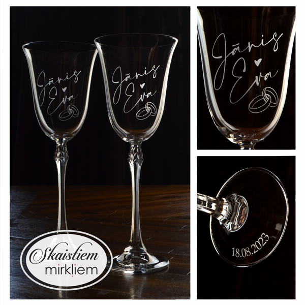 Unikālas formas kāzu glāzes Jānim un Evai ar smalku gredzenu gravējumu