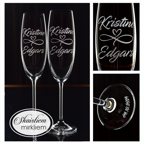 Gravētas kāzu glāzes Kristīnei un Edgaram ar bezgalības zīmi un datumu uz kājiņas