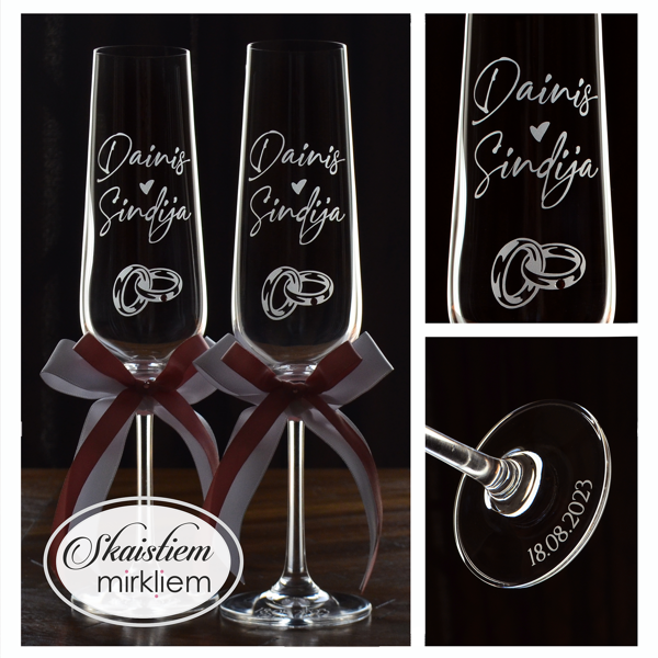 Personalizētas glāzes Dainim un Sindijai ar gredzenu motīvu un lentēm