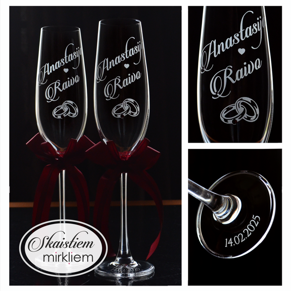 Personalizētas glāzes Anastasijai un Raivo ar gredzeniem un tumši sarkanām lentītēm