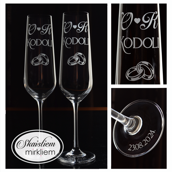 Personalizētas glāzes ar iniciāļiem O un K, uzvārdu, sirds simbolu un datumu
