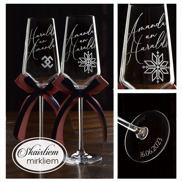 Personalizētas glāzes Amandai un Haraldam ar latvju spēka zīmēm, datumu un lentēm