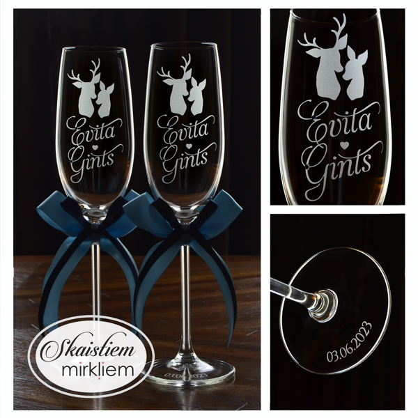 Kāzu glāzes Evitai un Ģirtam ar stirnas un brieža siluetu gravējumu un zilām lentēm
