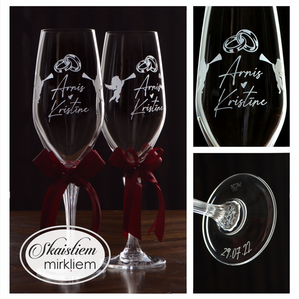 Kāzu glāzes Arnim un Kristīnei ar amoriņa gravējumu, sirds motīvu un sarkanām lentēm