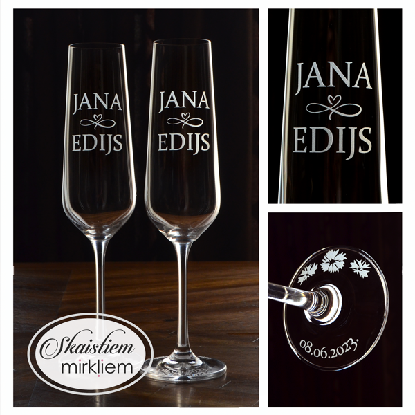 Minimālistiskas kāzu glāzes Janai un Edijam ar bezgalības simbolu un ziedu motīvu, datumu 