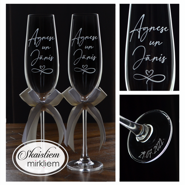 Personalizētas glāzes Agnesei un Jānim ar bezgalības simbolu un šampanieša lentēm