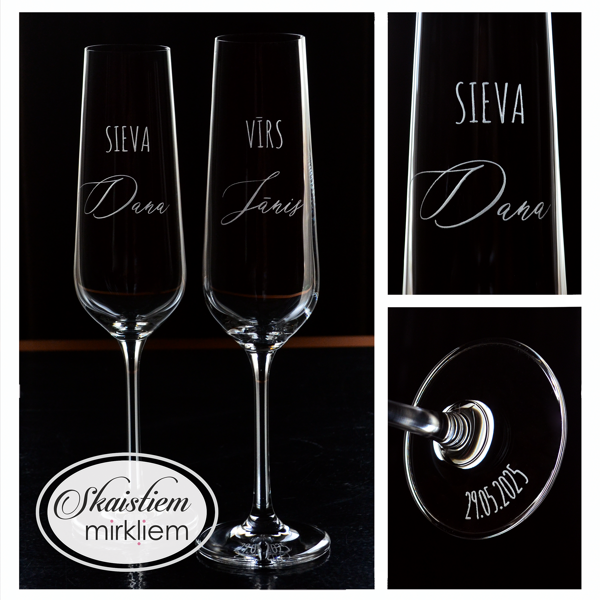 Elegants kāzu glāžu komplekts ar vārdu gravējumu minimālistiskā stilā