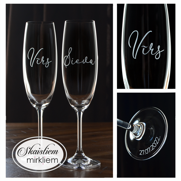 Elegants kāzu glāžu komplekts ar vijīgu vārdu gravējumu "Vīrs" un "Sieva" klasiskā stilā
