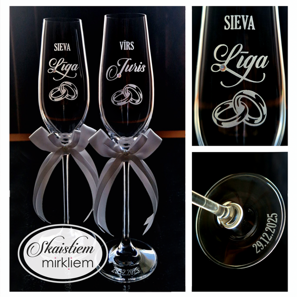 Personalizētas kāzu glāzes "Sieva" un "Vīrs" gravējumu, vārdiem un gredzenu simbolu